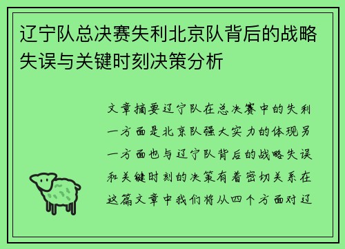 辽宁队总决赛失利北京队背后的战略失误与关键时刻决策分析