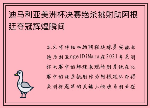 迪马利亚美洲杯决赛绝杀挑射助阿根廷夺冠辉煌瞬间