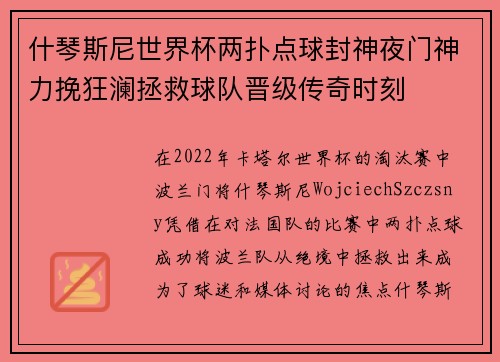 什琴斯尼世界杯两扑点球封神夜门神力挽狂澜拯救球队晋级传奇时刻